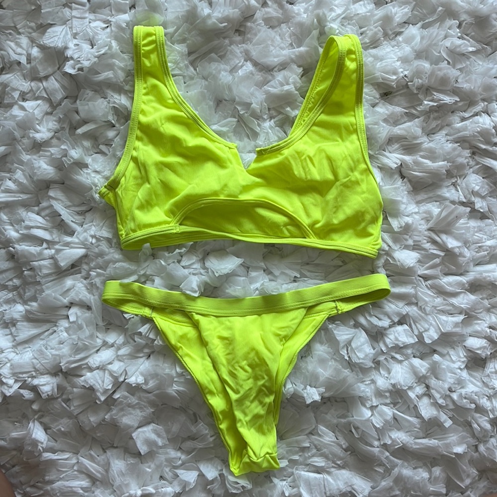 bright yellow/lime green matching bikini with cut out on the top